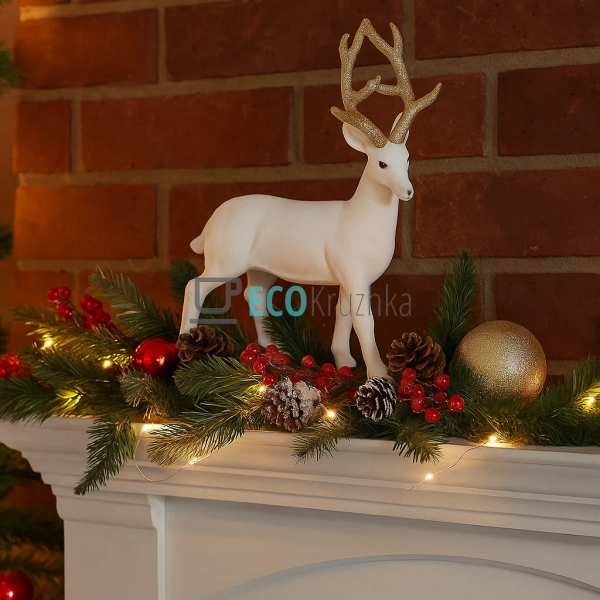 Білий новорічний олень 30 см — фігурка з велюром і золот ...