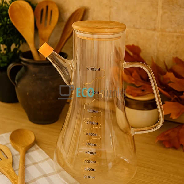 Скляна пляшка-диспенсер для олії 1 л із бамбуковою кришк ...