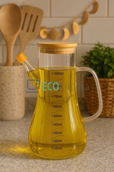 Скляна пляшка-диспенсер для олії 1 л із бамбуковою кришк ...