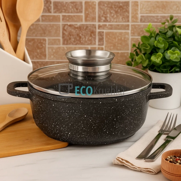 Каструля-казан 5.6 л Edenberg з гранітним покриттям та скляною кришкою кругла Чорна EB-8119