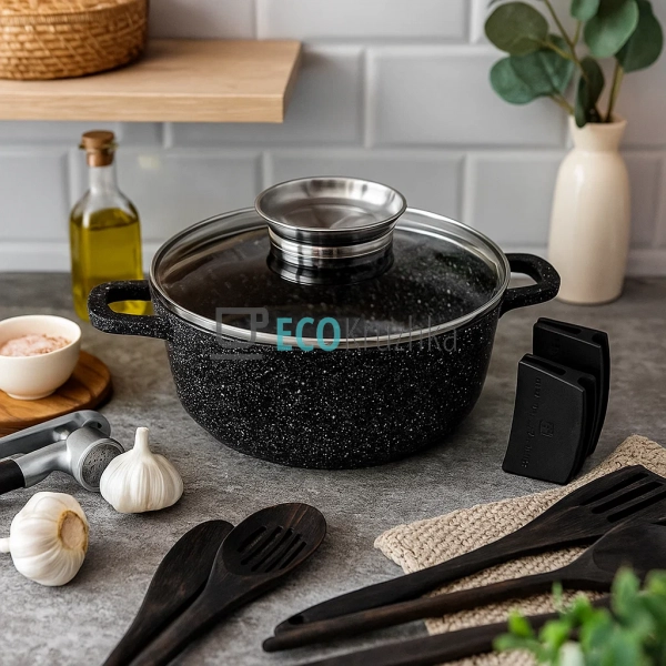 Каструля-казан 6.8 л Edenberg з гранітним покриттям та скляною кришкою кругла Чорна EB-8120 Каструля-казан 6.8 л Edenberg з гранітним покриттям та скляною кришкою кругла Чорна EB-8120
