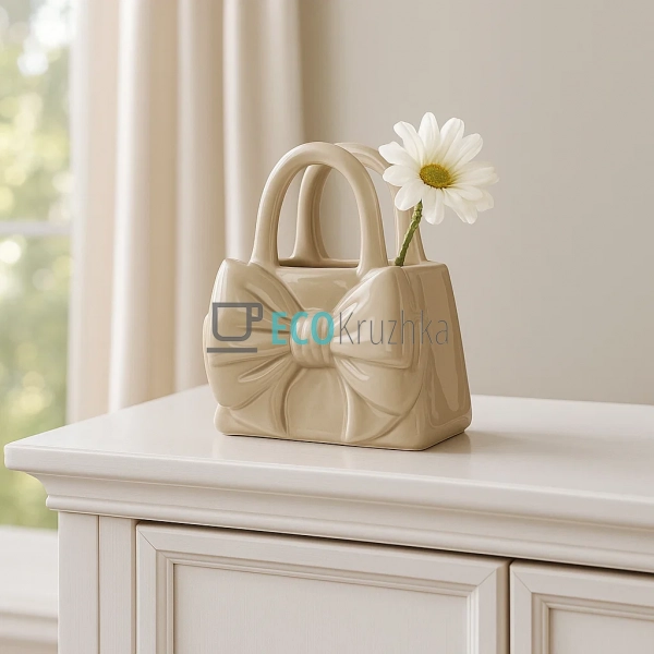 Ваза для декору у формі сумочки з бантом – кераміка 22.5 см Бежева (733-810)
