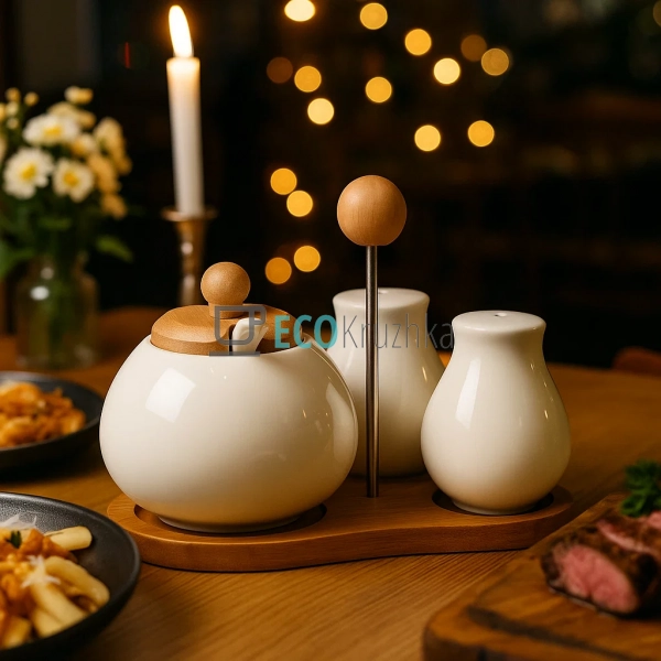 Набір на бамбуковій підставці три предмети ( цукорниця, ... Набір на бамбуковій підставці три предмети ( цукорниця, ...