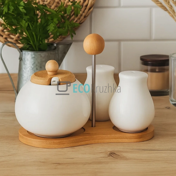 Набір на бамбуковій підставці три предмети ( цукорниця, ... Набір на бамбуковій підставці три предмети ( цукорниця, ...