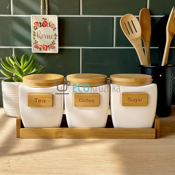 Набір банок 700 мл на бамбуковій підставці PJ01768