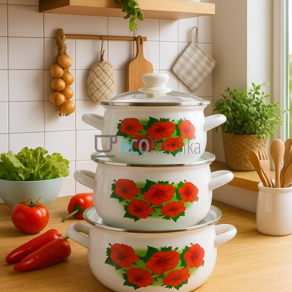 Набір емальованих каструль Каркаде 3 шт — 2л, 3л, 4л з к ...