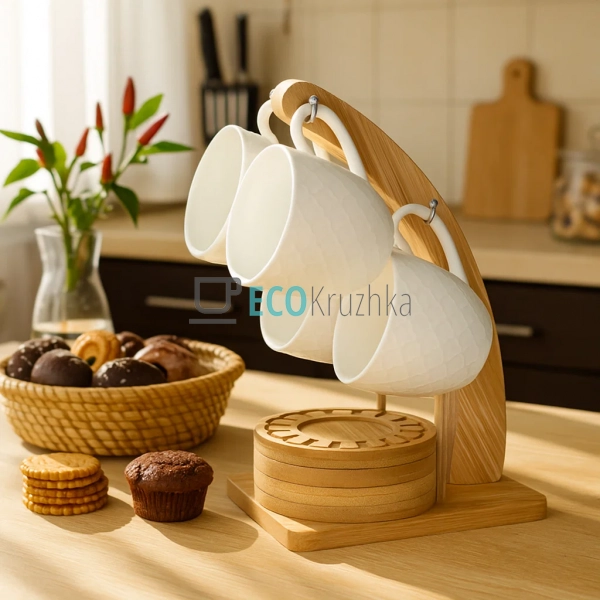 Набір чашок на бамбуковій підставці 160 мл Interos PJ026 ... Набір чашок на бамбуковій підставці 160 мл Interos PJ026 ...