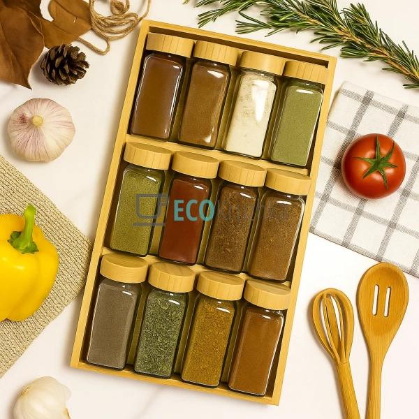 Набір баночок на бамбуковій підставці, 12 скляних ємност ...