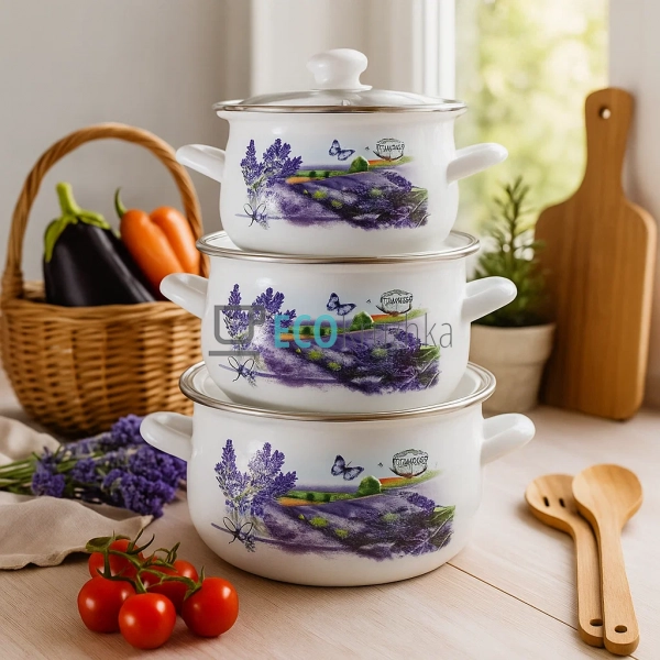 Набір емальованих каструль Лаванда 3 шт — 2л, 3л, 4л з к ...
