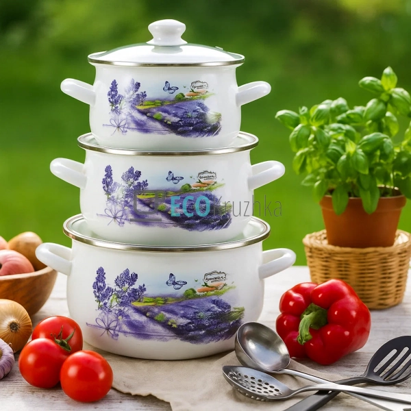 Набір емальованих каструль Лаванда 3 шт — 2л, 3л, 4л з к ...