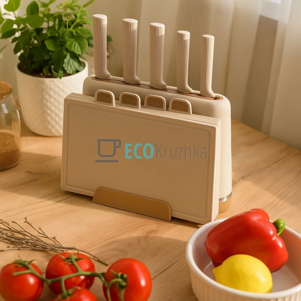 Набір кухонних ножів із дошкою для нарізання MR-1412-BEIGE – 6 предметів, нержавіюча сталь, бежевий MR-1412-BEIGE