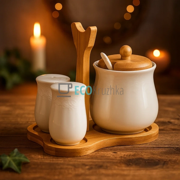 Набір на бамбуковій підставці три предмети ( цукорниця,  ...