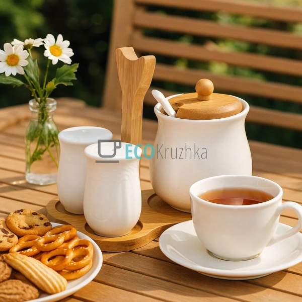 Набір на бамбуковій підставці три предмети ( цукорниця,  ...