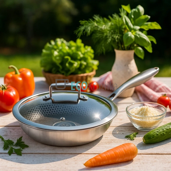 Глибока сковорода нержавіюча професійна з кришкою  24 х 5 см Edenberg EB-13023