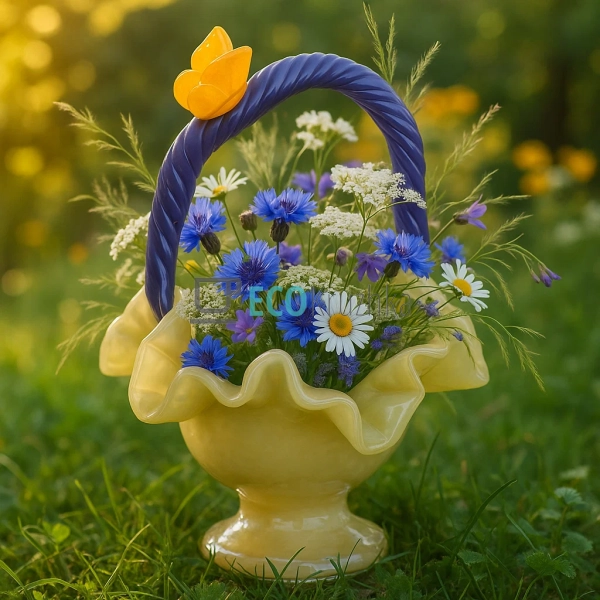 Скляна ваза-кошик ручної роботи 22×20×27 см жовтий з фіо ...