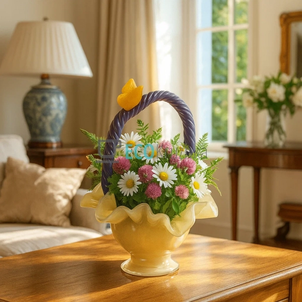 Скляна ваза-кошик ручної роботи 22×20×27 см жовтий з фіо ...