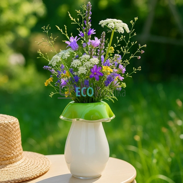 Скляна ваза ручної роботи 14.5×20 см — зелена з білим (9 ...