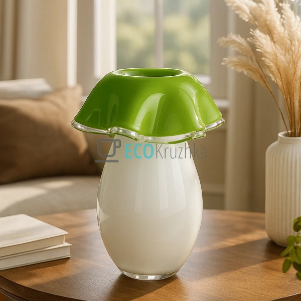 Скляна ваза ручної роботи 19×27 см — зелена з білим (992 ...