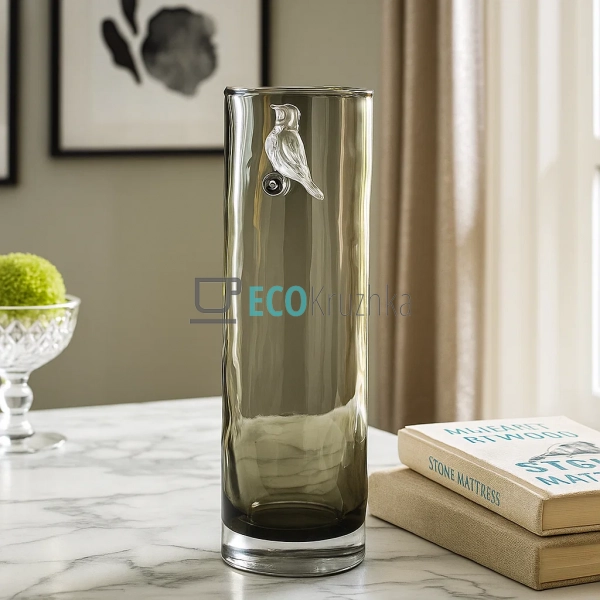 Скляна ваза з фігуркою пташки для квітів 9.5 х 32 см про ...