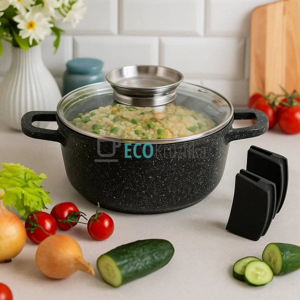 Каструля-казан 3.3 л Edenberg з гранітним покриттям та скляною кришкою кругла Чорна EB-8117