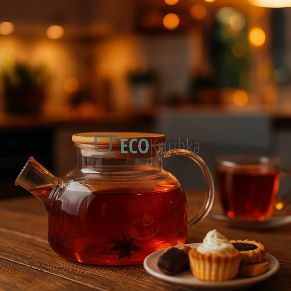 Чайник 1л, для заварювання скляний з бамбуковою кришкою  ...