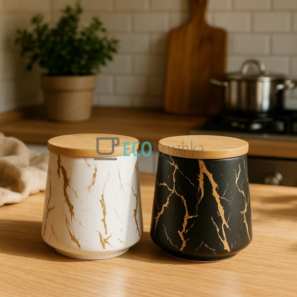 Порцелянова банка 520 мл з бамбуковою кришкою "Мармурова ... Порцелянова банка 520 мл з бамбуковою кришкою "Мармурова ...