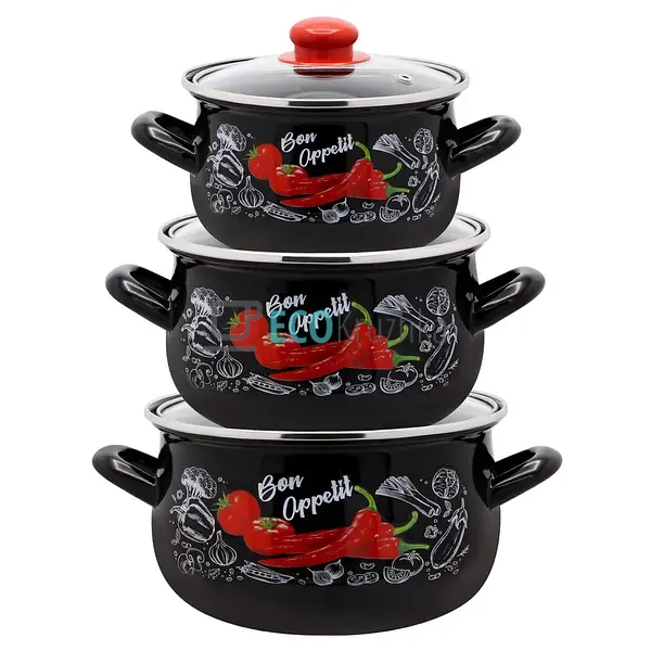 Набір емальованих каструль “Перець” 3 шт зі скляними кри ...