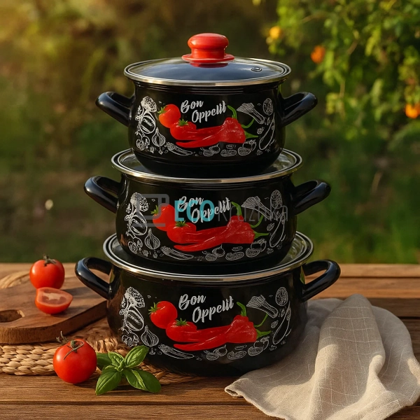Набір емальованих каструль “Перець” 3 шт зі скляними кри ...