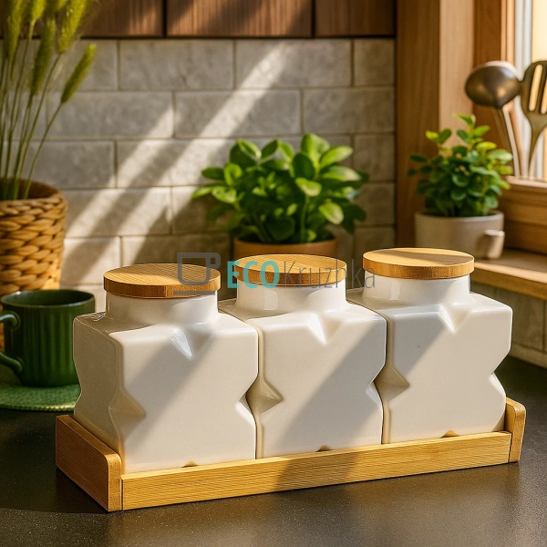 Набір банок 600 мл на бамбуковій підставці PJ01784 Набір банок 600 мл на бамбуковій підставці PJ01784