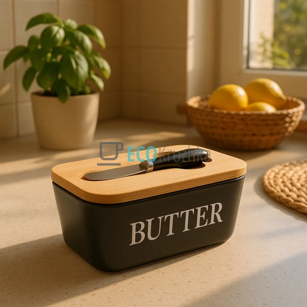 Маслянка керамічна з ножем та бамбуковою кришкою Butter  ... Маслянка керамічна з ножем та бамбуковою кришкою Butter  ...
