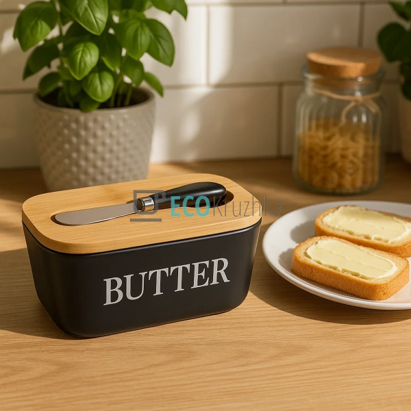 Маслянка керамічна з ножем та бамбуковою кришкою Butter  ... Маслянка керамічна з ножем та бамбуковою кришкою Butter  ...