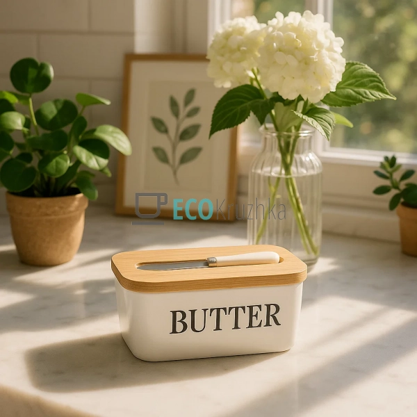Маслянка керамічна з ножем та бамбуковою кришкою Butter  ... Маслянка керамічна з ножем та бамбуковою кришкою Butter  ...