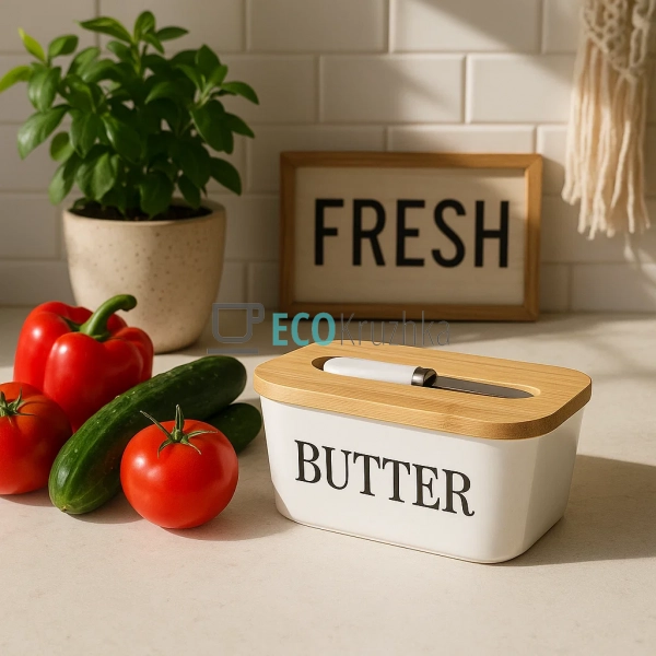 Маслянка керамічна з ножем та бамбуковою кришкою Butter  ... Маслянка керамічна з ножем та бамбуковою кришкою Butter  ...