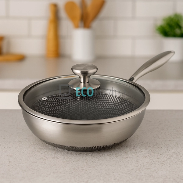 Cковорода WOK 28х8.5 см нержавіюча професійна з кришкою  ...