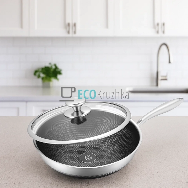 Cковорода WOK 32х9.5 см нержавіюча професійна з кришкою  ... Cковорода WOK 32х9.5 см нержавіюча професійна з кришкою  ...