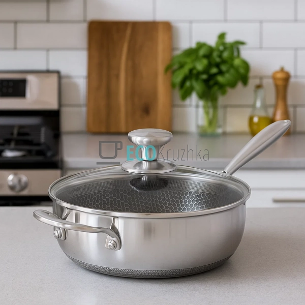 Cковорода WOK 28х9.3 см нержавіюча професійна з кришкою  ...