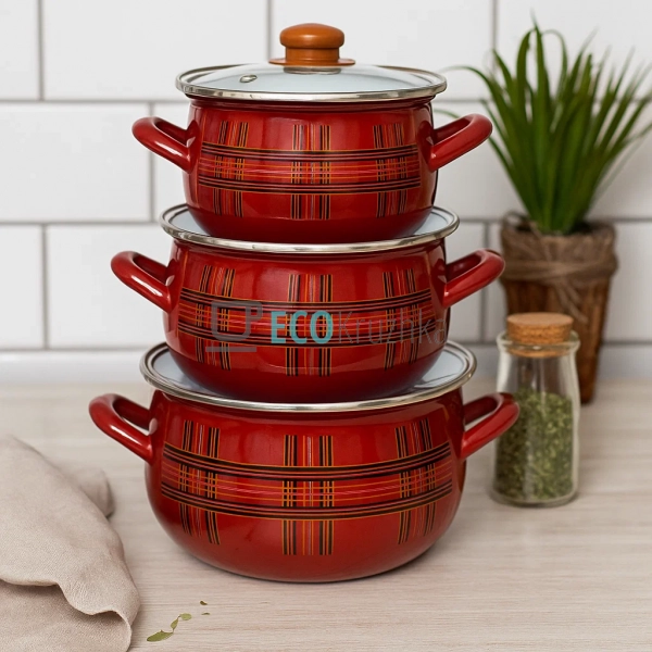 Набір із трьох емальованих каструль Шотландка Interos EK ...