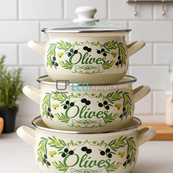 Набір із трьох емальованих каструль Грецька олива Intero ...