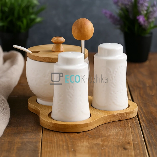 Набір на бамбуковій підставці три предмети ( цукорниця,  ...