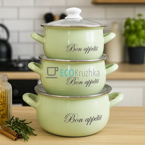 Набір із трьох емальованих кастрeль Bon appetit Interos  ...