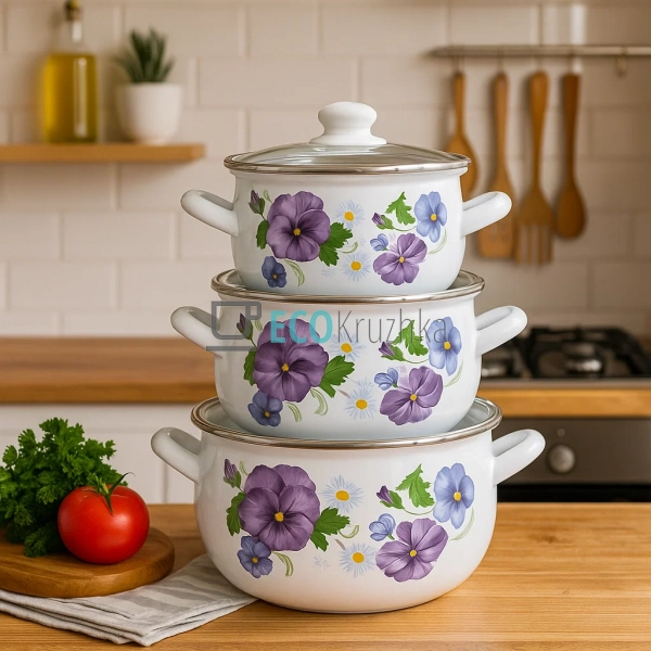 Набір із трьох емальованих кастрюль Фіалка Interos EK299 ...