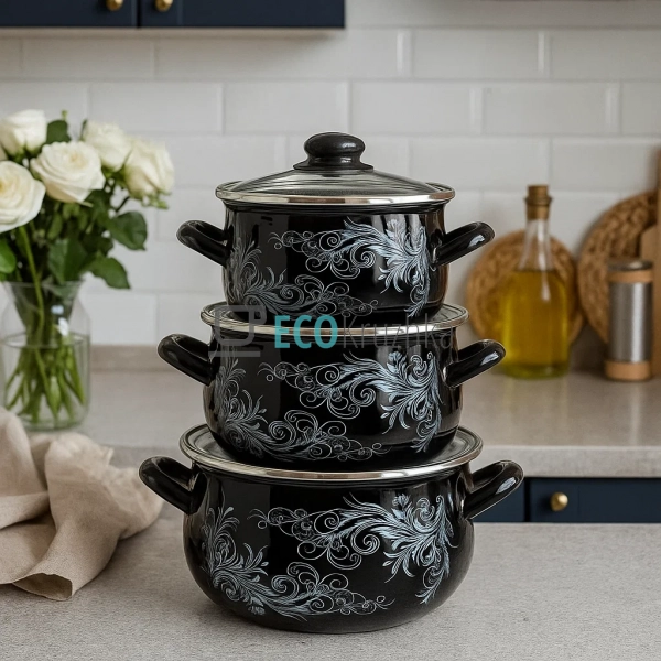 Набір із трьох емальованих кастрюль Чорне срібло Interos ...