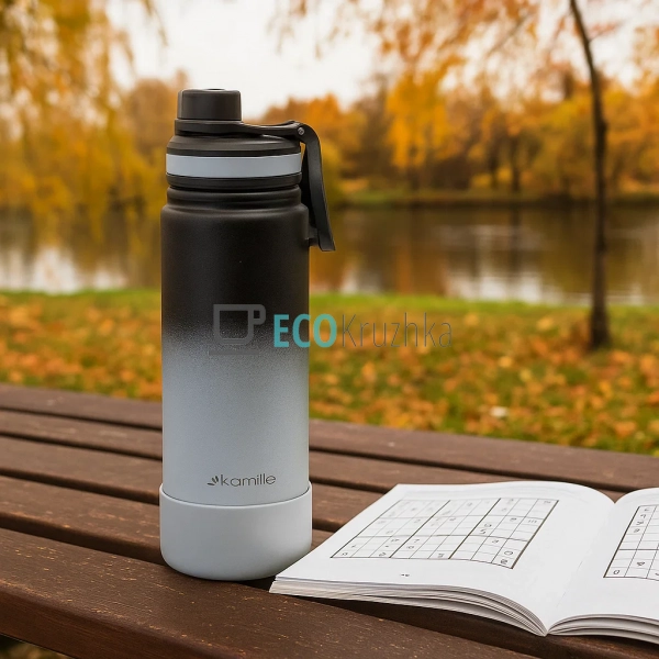 Термокружка на 720 мл з нержавіючої сталі з силіконовою підставкою Чорно-сіра Kamille KM-2163