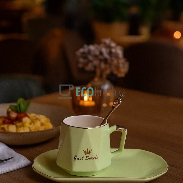 Чашка 230 мл із блюдцем та ложкою Just Smile Салатовий ( ... Чашка 230 мл із блюдцем та ложкою Just Smile Салатовий ( ...