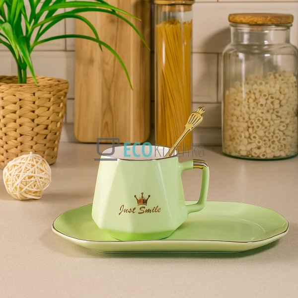 Чашка 230 мл із блюдцем та ложкою Just Smile Салатовий ( ... Чашка 230 мл із блюдцем та ложкою Just Smile Салатовий ( ...