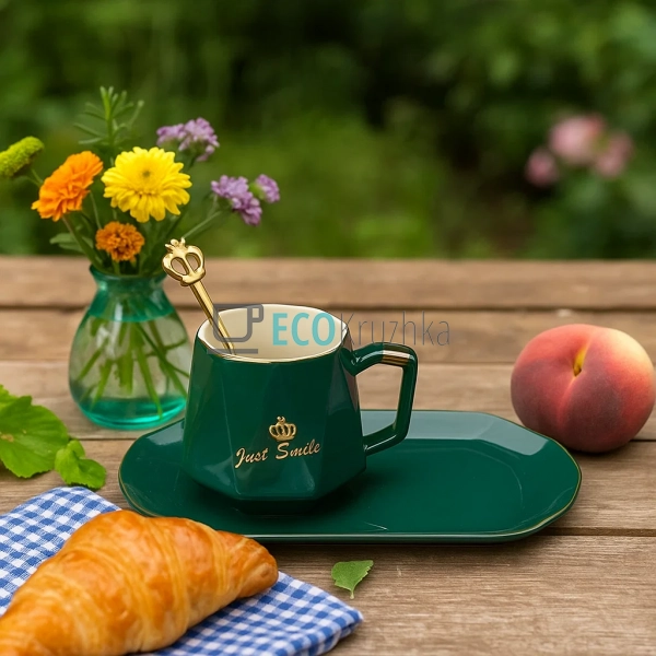Чашка 230 мл із блюдцем та ложкою Just Smile Зелений (92 ... Чашка 230 мл із блюдцем та ложкою Just Smile Зелений (92 ...