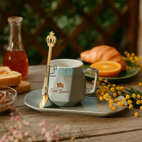 Чашка 230 мл із блюдцем та ложкою Just Smile Сірий (927- ... Чашка 230 мл із блюдцем та ложкою Just Smile Сірий (927- ...