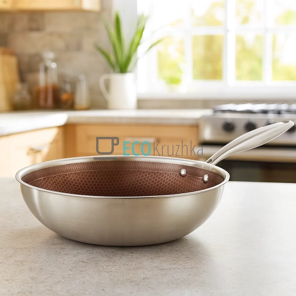 Cковорода WOK 32х9.5 см нержавіюча професійна з кришкою  ...