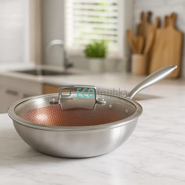 Cковорода WOK 28х8.5 см нержавіюча професійна з кришкою  ...