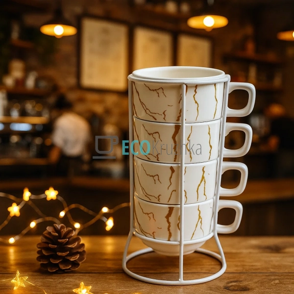 Набір з 4 порцелянових чашок 200 мл на підставці "Мармур ... Набір з 4 порцелянових чашок 200 мл на підставці "Мармур ...